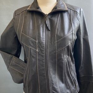 Leather Jacket with Contrast Topstitching